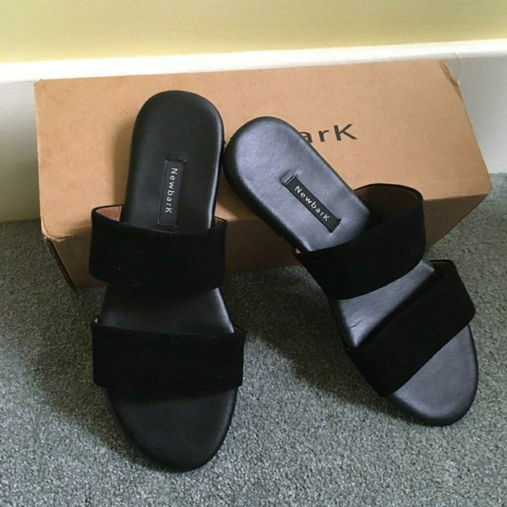 Newmark black suede slip on sandals
